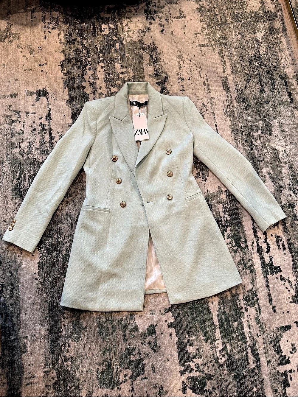Zara Long Double-Breasted Blazer Light Green Double-Breasted Blazer in Cream